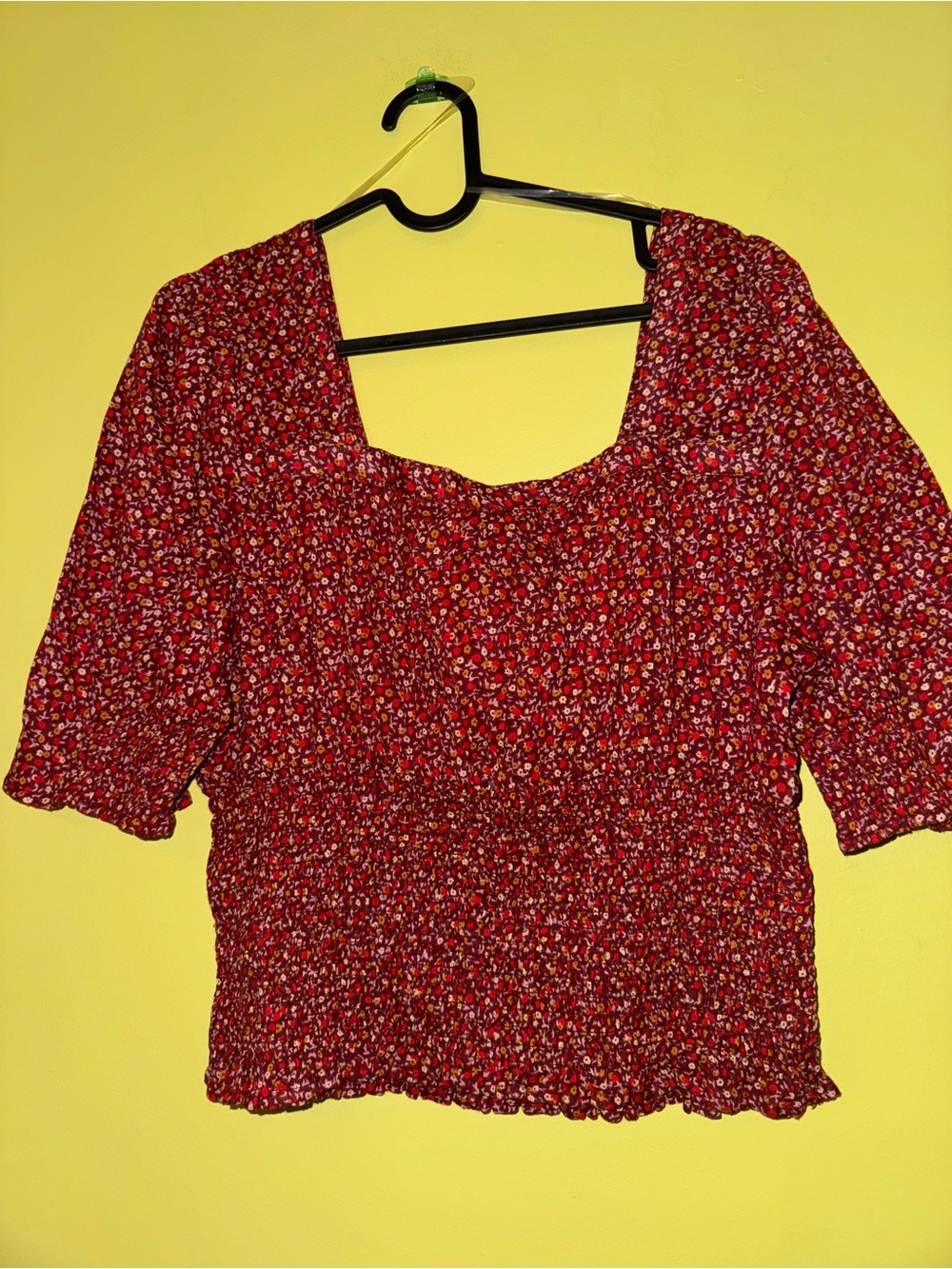 Smocked Square-Neck Floral Crop Top - Red